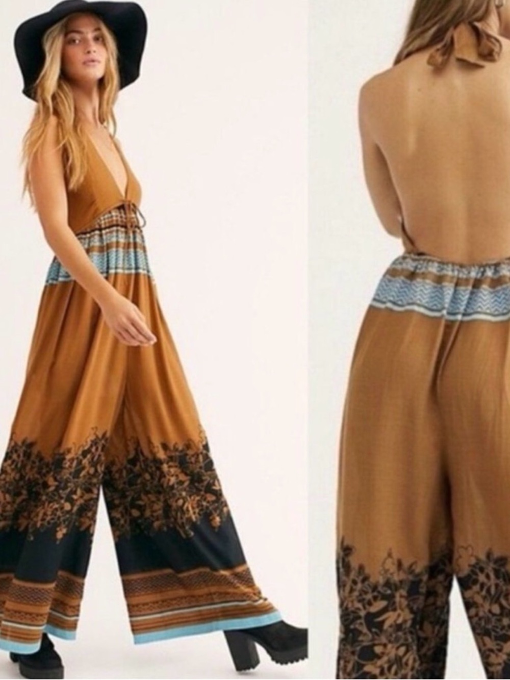 Free People Halter Jumpsuit Boho Brown Tribal Print Open Back Wide Leg